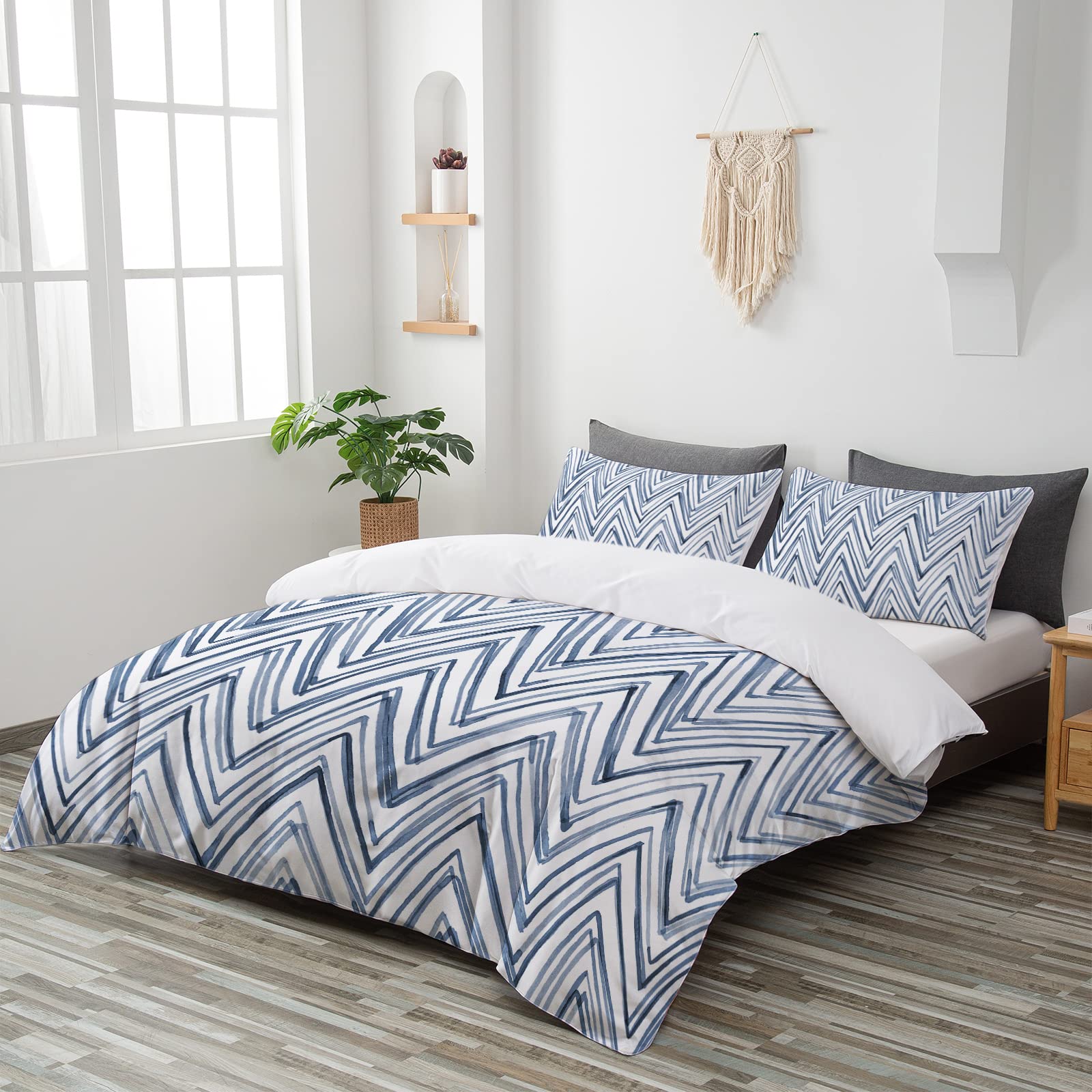 TOPTREE Geometric Blue Duvet Cover Queen - Modern Indigo Blue Chevron Bedding Set 3 Piece Blue and White Bed Set for Women Adults (Queen, Blue Chevron)