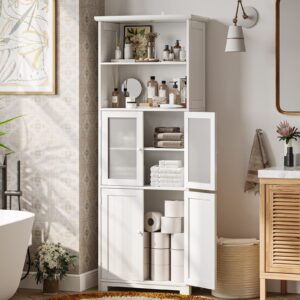 tiptiper bathroom storage cabinet, tall bathroom cabinet with adjustable shelves and glass doors, for bathroom, kitchen, 11.2" d x 23.6" w x 64" h, white