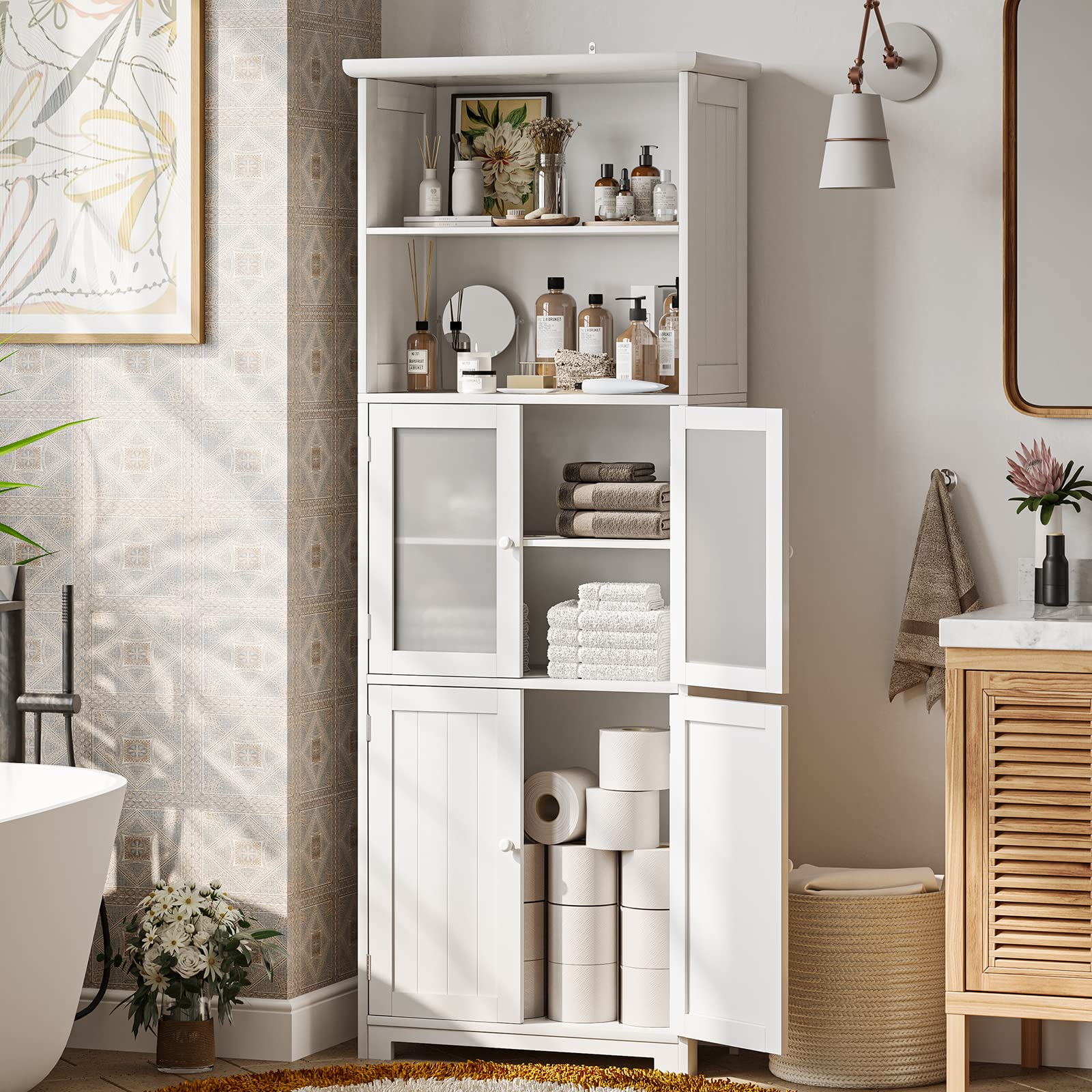 Tiptiper Bathroom Storage Cabinet, Tall Bathroom Cabinet with Adjustable Shelves and Glass Doors, for Bathroom, Kitchen, 11.2" D x 23.6" W x 64" H, White