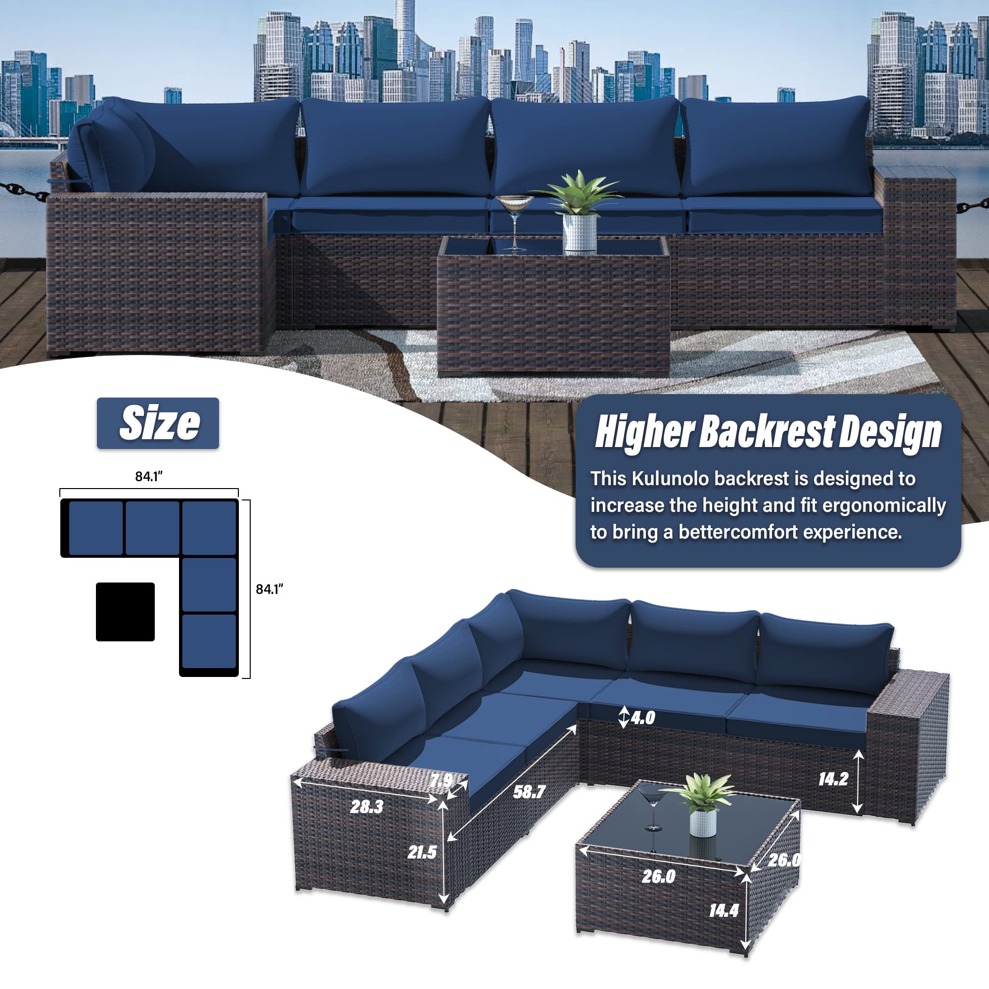 Kulunolo Outdoor Patio Furniture Sets 6 Pieces Sectional Furniture PE Rattan Wicker Couch High Backrest Large Armrest Patio Conversation Set with Coffee Table and Cushion(Navy Blue)