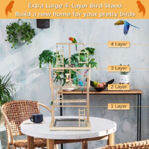 Ibnotuiy Pet Parrot Playstand Parrots Bird Playground Bird Play Stand Wood Perch Gym Playpen Ladder with Feeder Cups Bells for Cockatiel Parakeet (4 Layers)