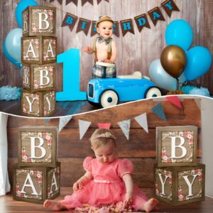 Epakh Baby Boxes with Letters for Baby Shower, Rustic Floral Brown Baby Blocks Bear Box Baby Shower Decorations Birthday Party Gender Reveal Photo Props for Girl Boy