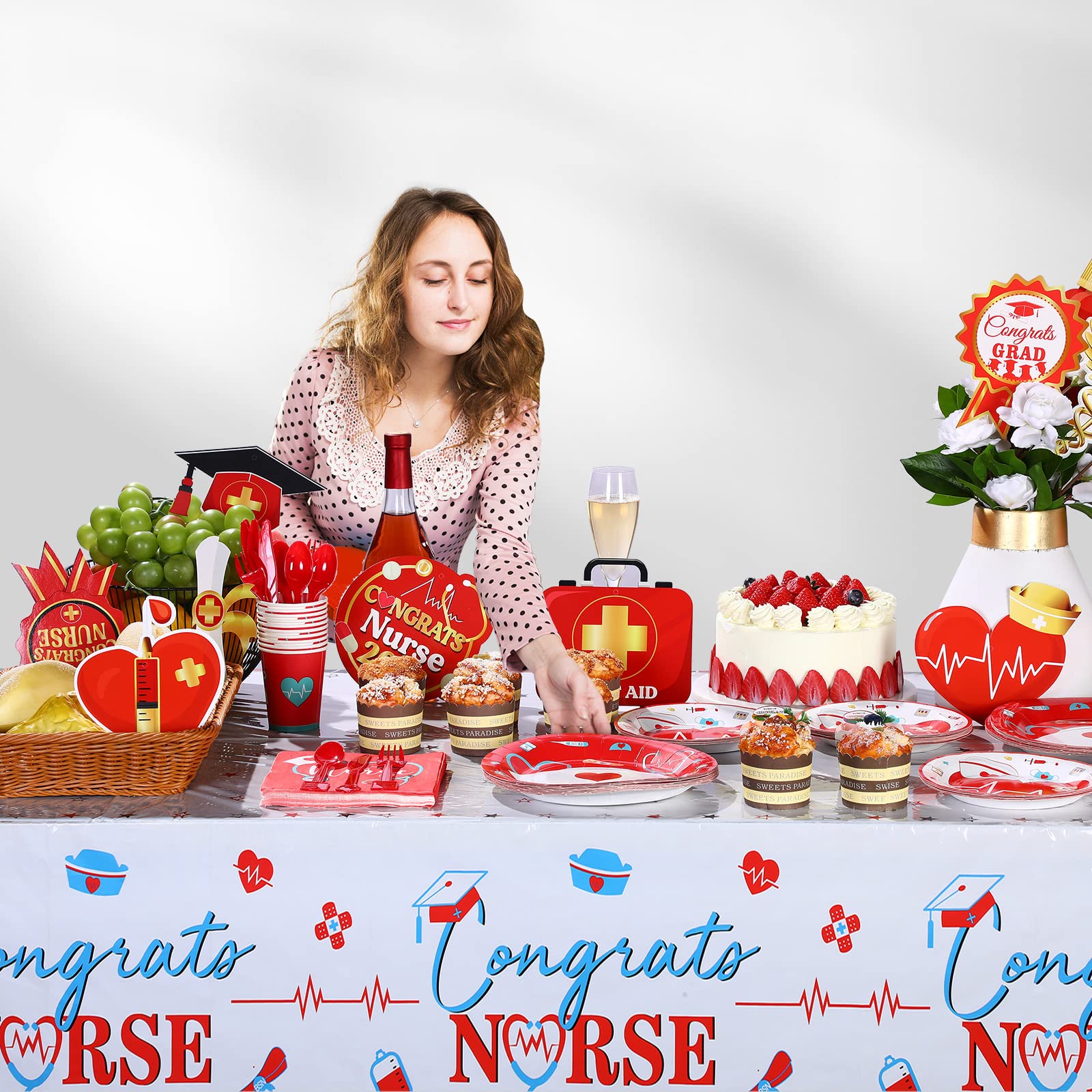 168 Pcs Nurse Graduation Party Decorations, Doctor Nurse Medical Birthday Party Tableware Set 24 Guests Dinner Dessert Plates Cups Napkins for Doctors Day Nursing School Office Party Supplies (Red)