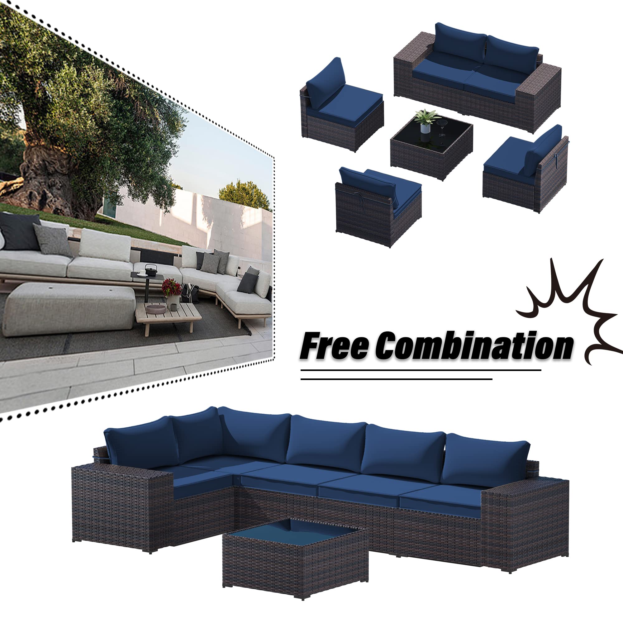 Kulunolo Outdoor Patio Furniture Sets 6 Pieces Sectional Furniture PE Rattan Wicker Couch High Backrest Large Armrest Patio Conversation Set with Coffee Table and Cushion(Navy Blue)