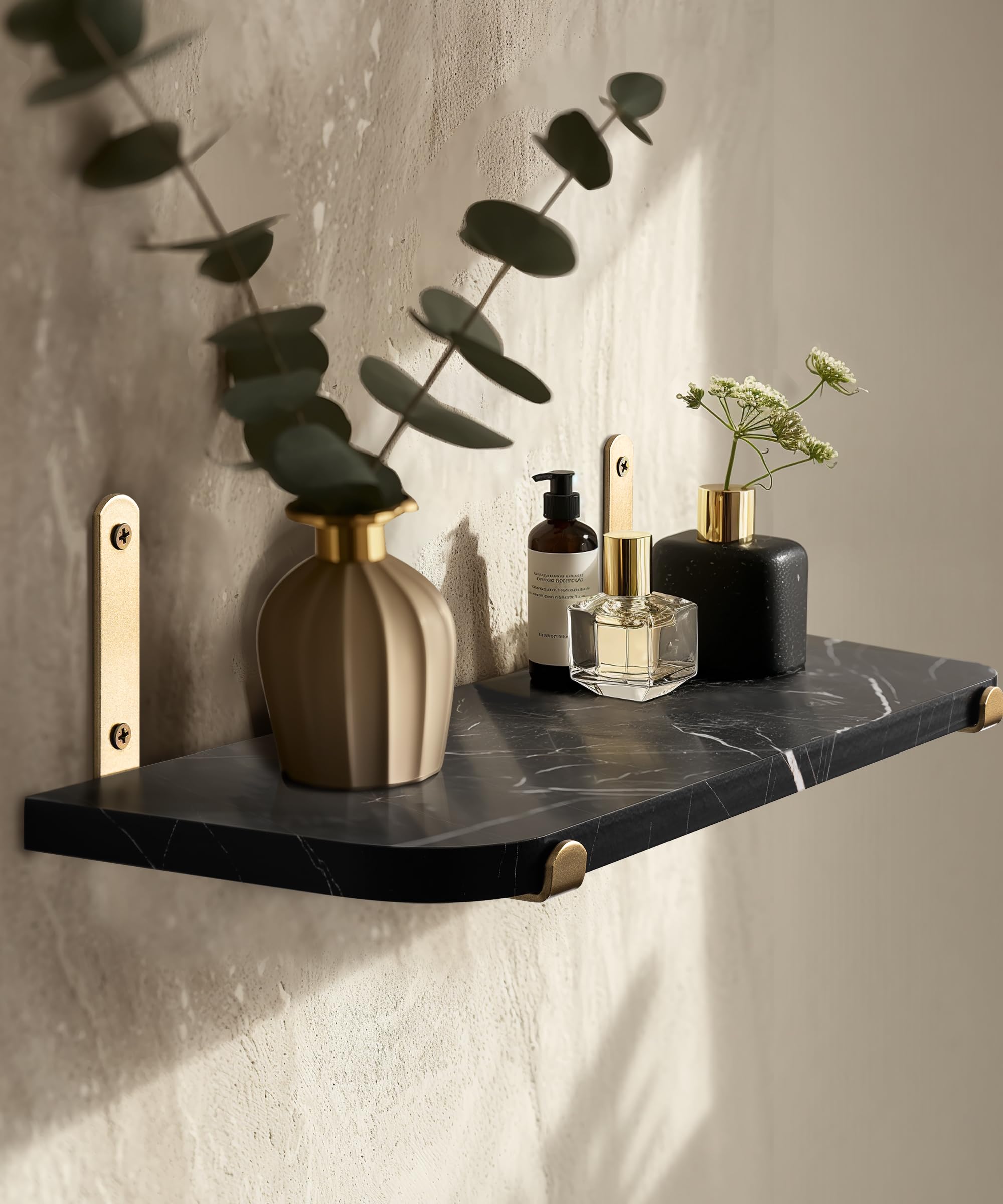 Godimerhea Floating Shelves for Wall Set of 2 Gold Black Floating Shelves Wall Mount Wood Storage Organzier Wall Shelf with Gold Brackets for Living Room Bedroom Bathroom Kitchen