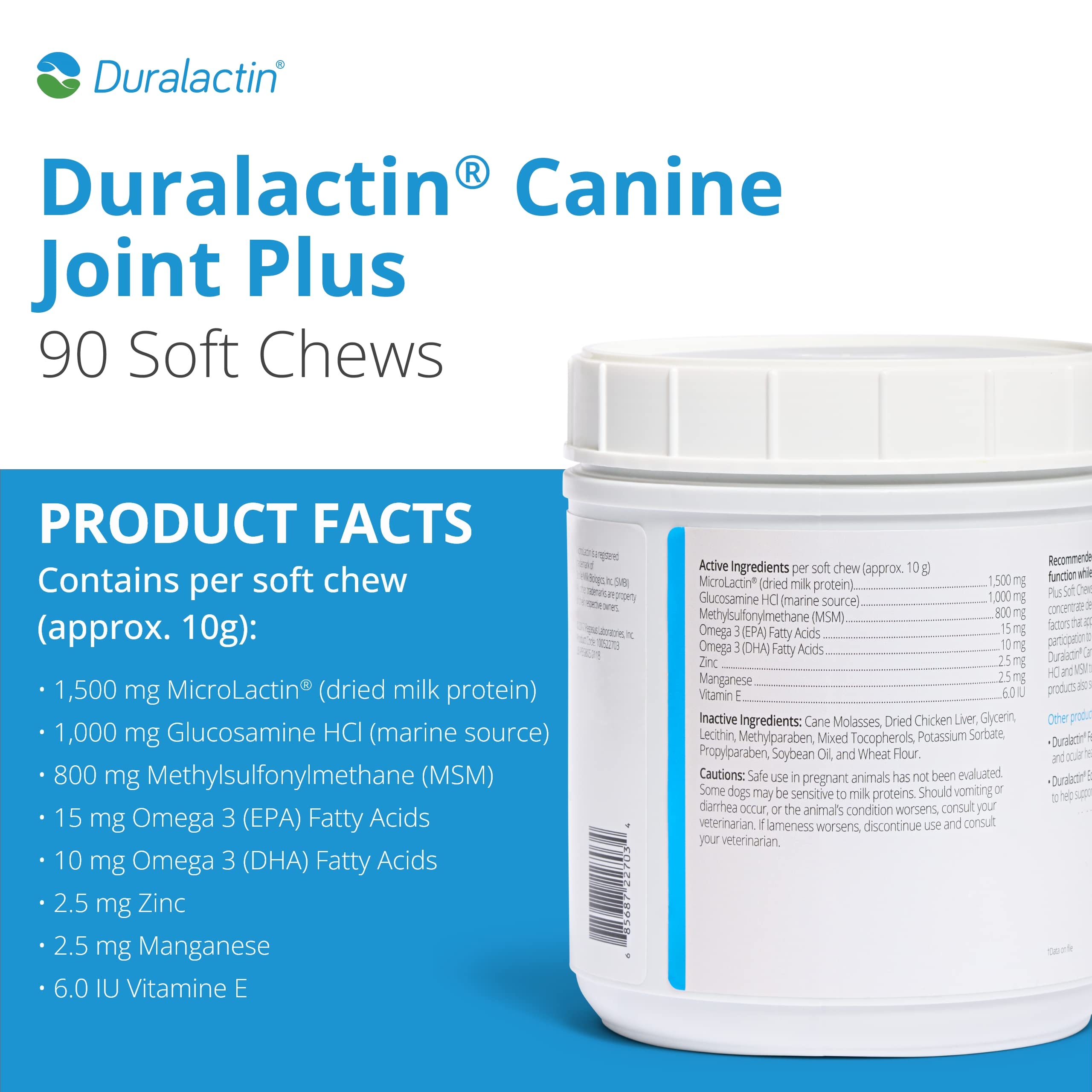 PRN Pharmacal Duralactin Canine Joint Plus - Joint Health Supplement for Dogs & Puppies to Support Healthy Cartilage Levels & Joint Function While Helping Manage Soreness - 90 Soft Chews