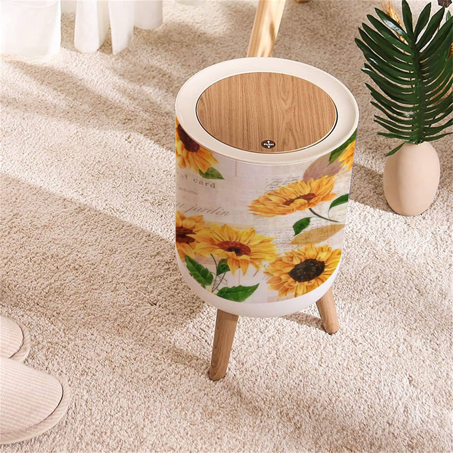 Small Trash Can with Lid A seamless with hand drawn vibrant yellow watercolor sunflowers on the Round Recycle Bin Press Top Dog Proof Wastebasket for Kitchen Bathroom Bedroom Office 7L/1.8 Gallon