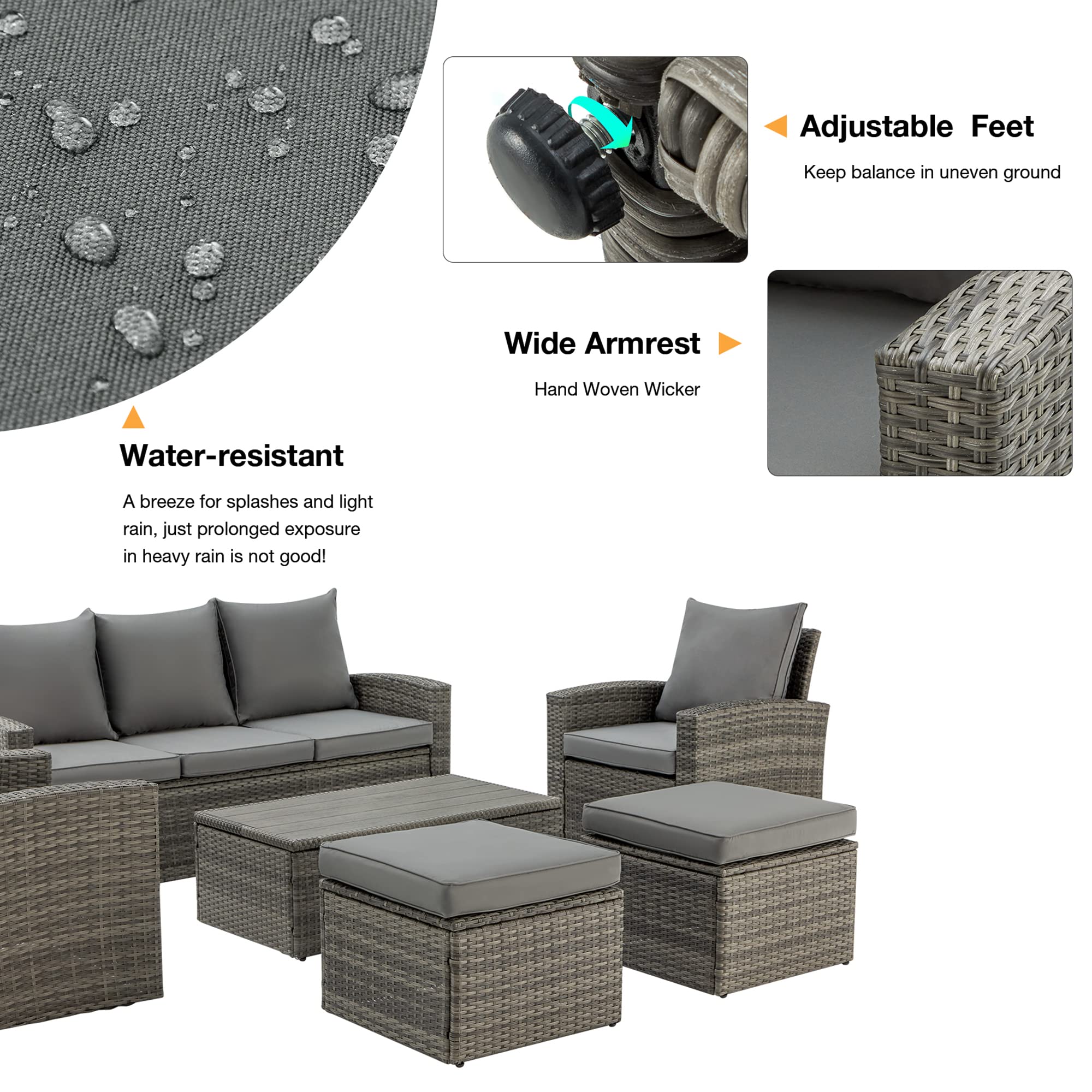 GYUTEI 6 Piece Outdoor Patio Funiture Set,Outdoor Sectional Recliner Sofa Modern High Back Wicker Seating with 2 Ottomans,All Weather Cushions and Storage Table (Grey)