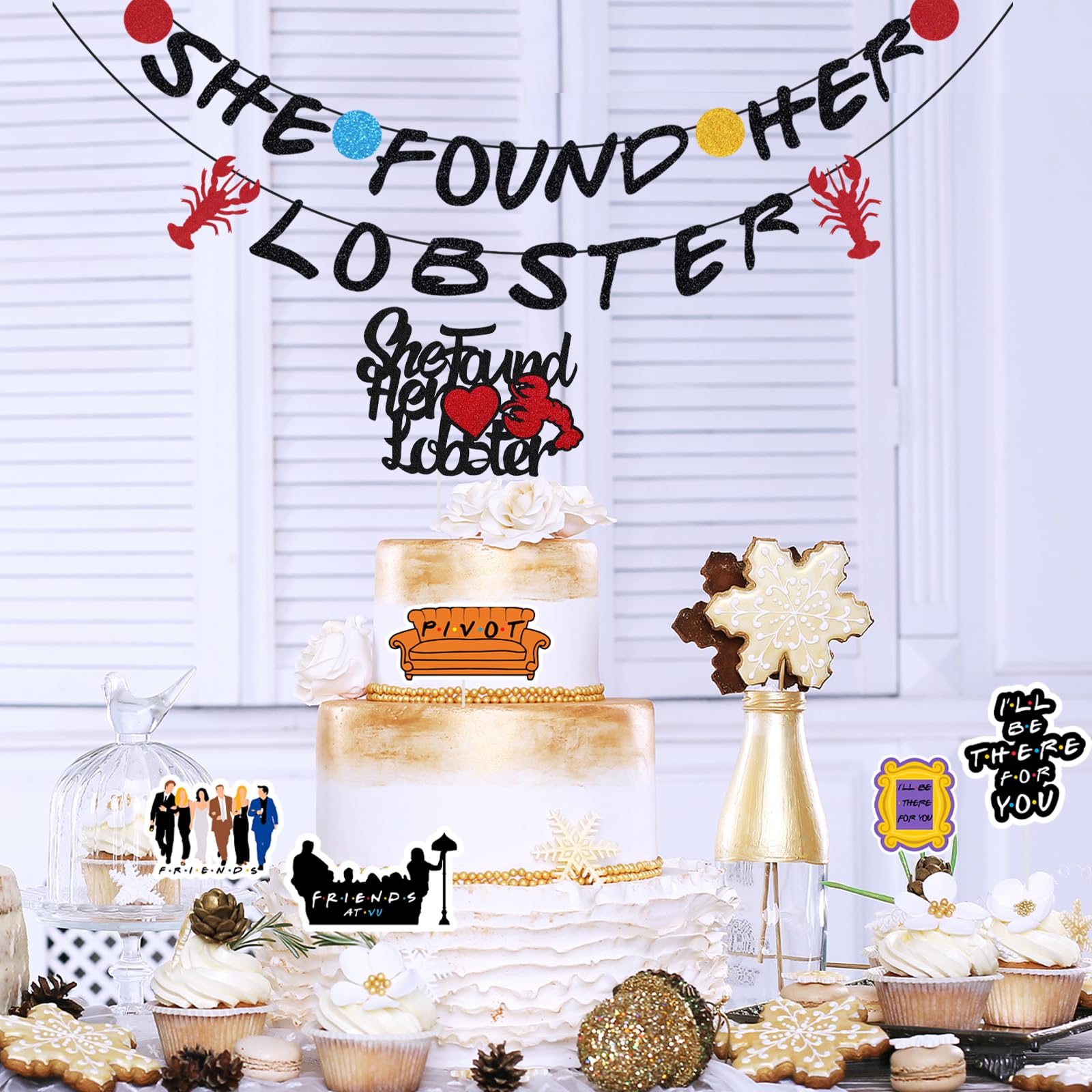 Friends TV Show Bridal Shower Decoration Kit, Hombae She Found Her Lobster Banner for Bachelorette Wedding Engagement Decorations Including Paper Fans Pom Poms Cutouts, Cake Cupcake Toppers, Balloons