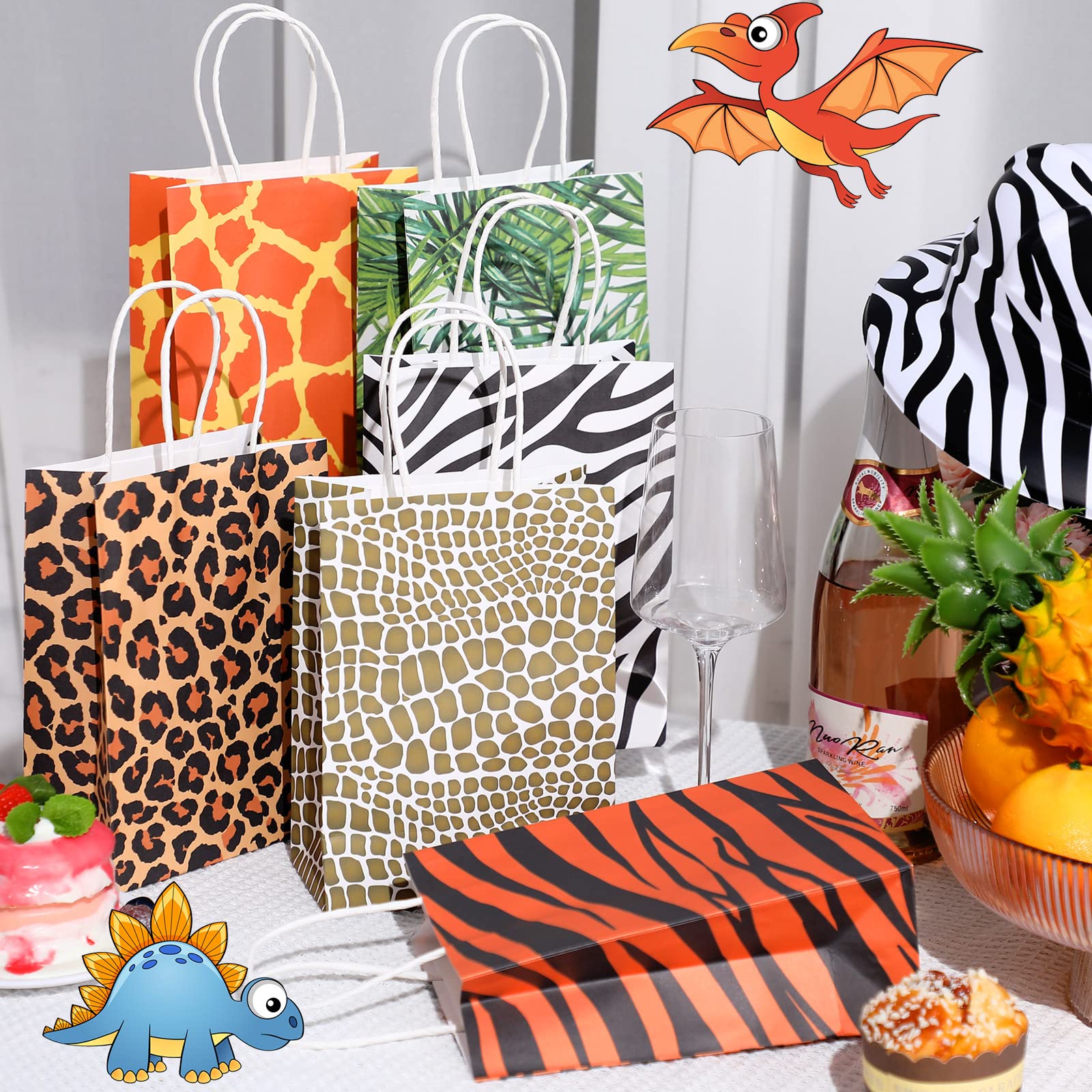 24 Pieces Animal Print Gift Bags Safari Jungle Party Favor Bag with Handle, Paper Zoo Wildlife Goodie Treat Bags Leopard Tiger Zebra Giraffe Pattern for Animal Themed Baby Shower Birthday Supplies