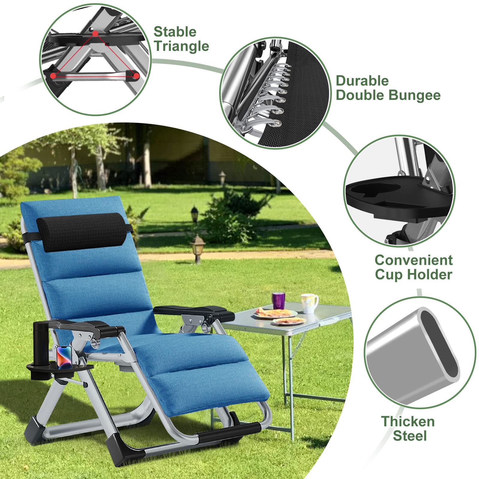 Barbella Zero Gravity Chair Reclining Lounge Chair Patio Chairs, Adjustable Lawn Recliner Folding Lounge Recliners with Removable Cushion, Headrest & Cup Holder, Reclining Chair for Indoor and Outdoor