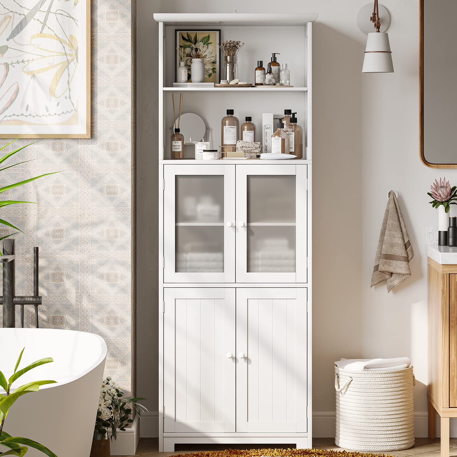 Tiptiper Bathroom Storage Cabinet, Tall Bathroom Cabinet with Adjustable Shelves and Glass Doors, for Bathroom, Kitchen, 11.2" D x 23.6" W x 64" H, White