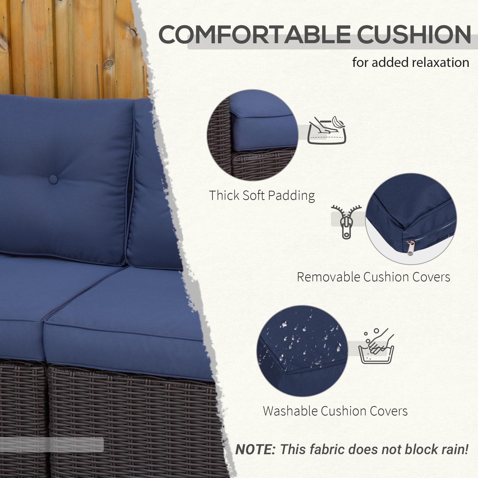 Outsunny 2 Piece Patio Wicker Corner Sofa Set, Outdoor PE Rattan Furniture, with Curved Armrests and Padded Cushions for Balcony, Garden, or Lawn, Lawn, Dark Blue