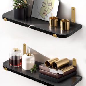 Godimerhea Floating Shelves for Wall Set of 2 Gold Black Floating Shelves Wall Mount Wood Storage Organzier Wall Shelf with Gold Brackets for Living Room Bedroom Bathroom Kitchen