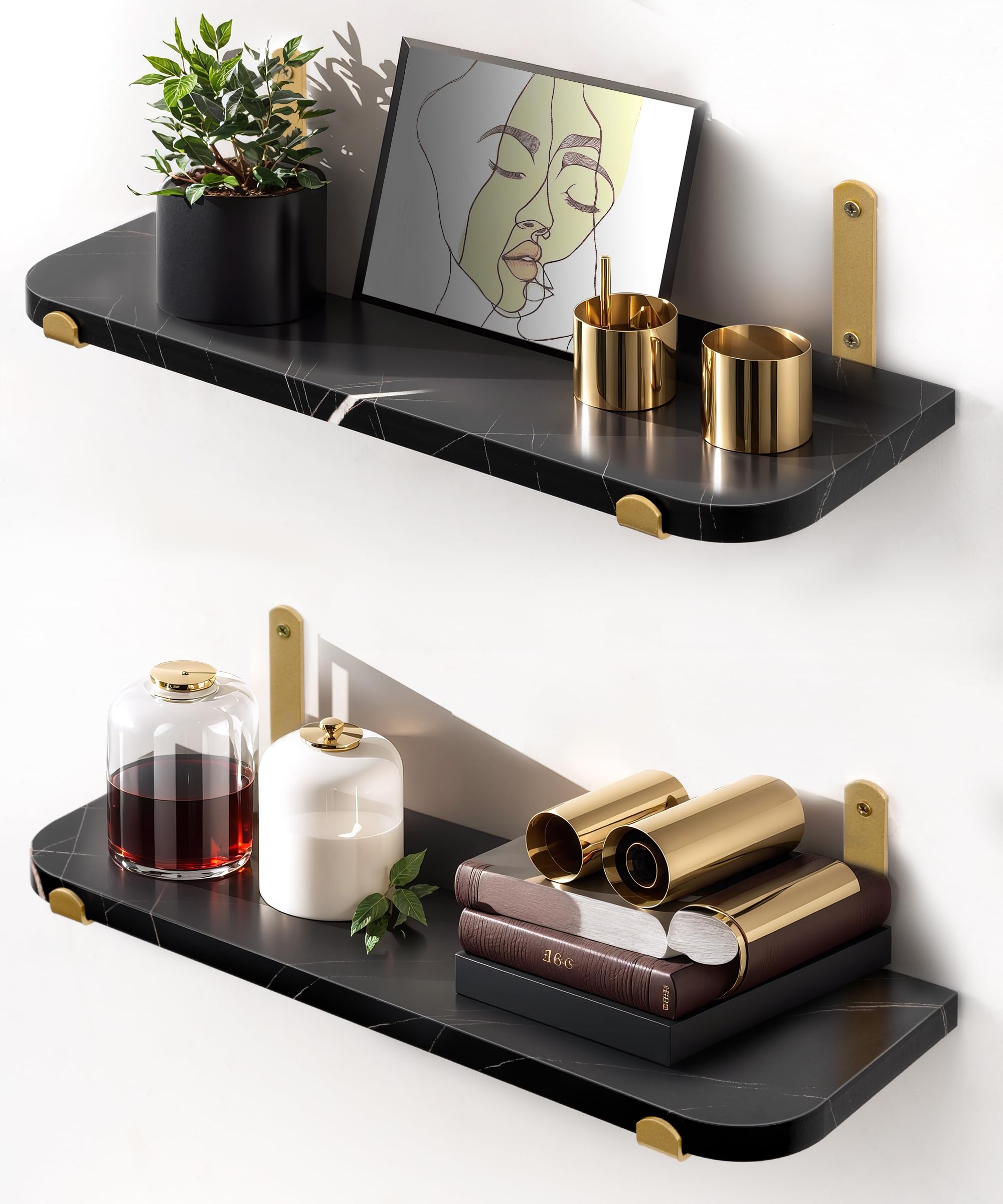 Godimerhea Floating Shelves for Wall Set of 2 Gold Black Floating Shelves Wall Mount Wood Storage Organzier Wall Shelf with Gold Brackets for Living Room Bedroom Bathroom Kitchen