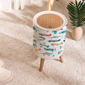 KCDCYCZEAL Small Trash Can with Lid Airplanes Boys Round Recycle Bin Press Top Dog Proof Wastebasket for Kitchen Bathroom Bedroom Office 7L/1.8 Gallon