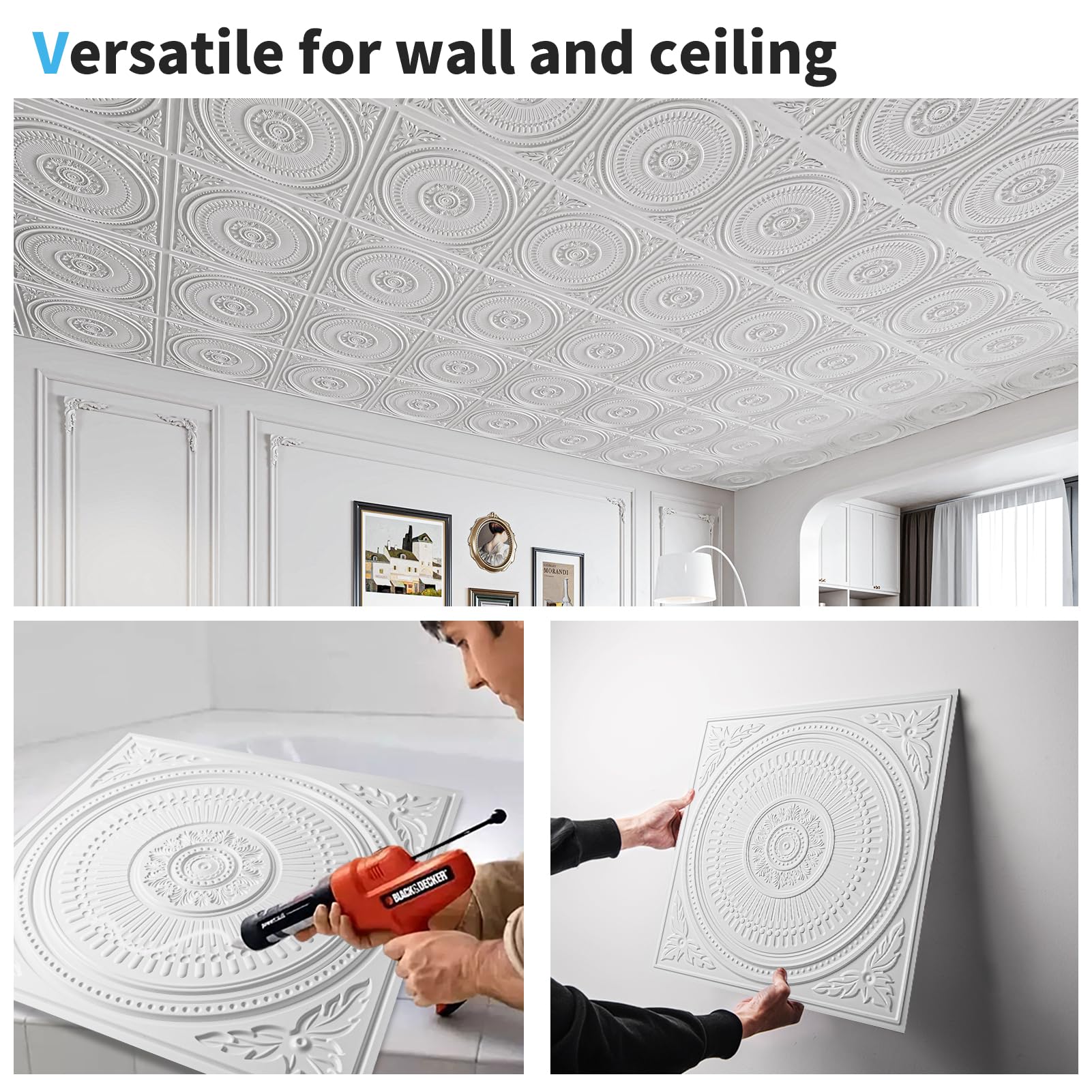 Art3d 12-Pack Drop Ceiling Tiles 2x2 FT, Decorative Easy Install PVC Ceiling Panels for Interior Kitchen Bathroom Basement, 24x24 Inch, White