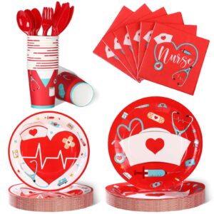 168 pcs nurse graduation party decorations, doctor nurse medical birthday party tableware set 24 guests dinner dessert plates cups napkins for doctors day nursing school office party supplies (red)