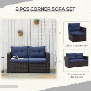 Outsunny 2 Piece Patio Wicker Corner Sofa Set, Outdoor PE Rattan Furniture, with Curved Armrests and Padded Cushions for Balcony, Garden, or Lawn, Lawn, Dark Blue