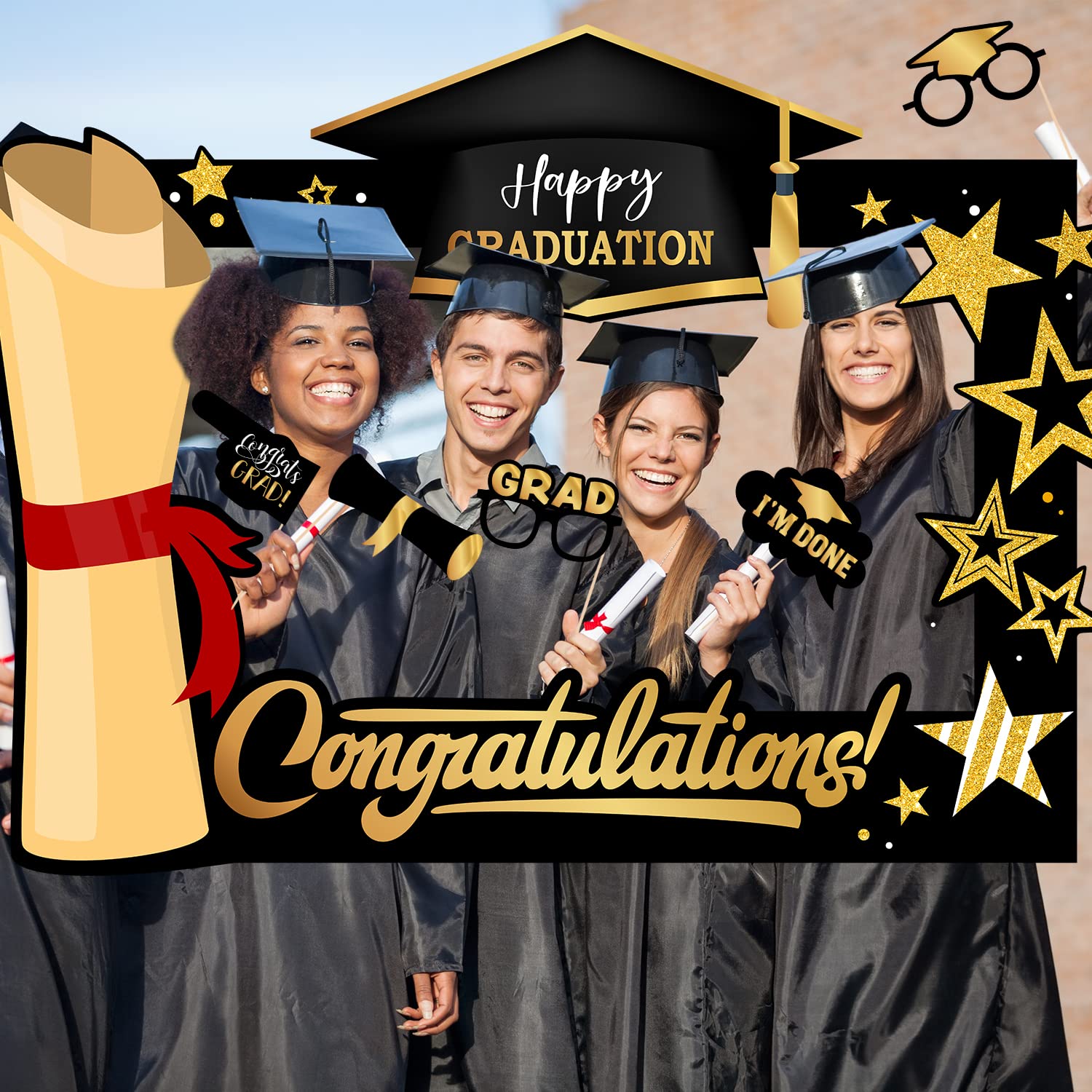 Black and Gold Graduation Decorations Class of 2025 Photo Booth Props Black Congratulations Graduation Frame and Photo Props for Graduation Party Supplies