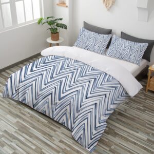 TOPTREE Geometric Blue Duvet Cover Queen - Modern Indigo Blue Chevron Bedding Set 3 Piece Blue and White Bed Set for Women Adults (Queen, Blue Chevron)