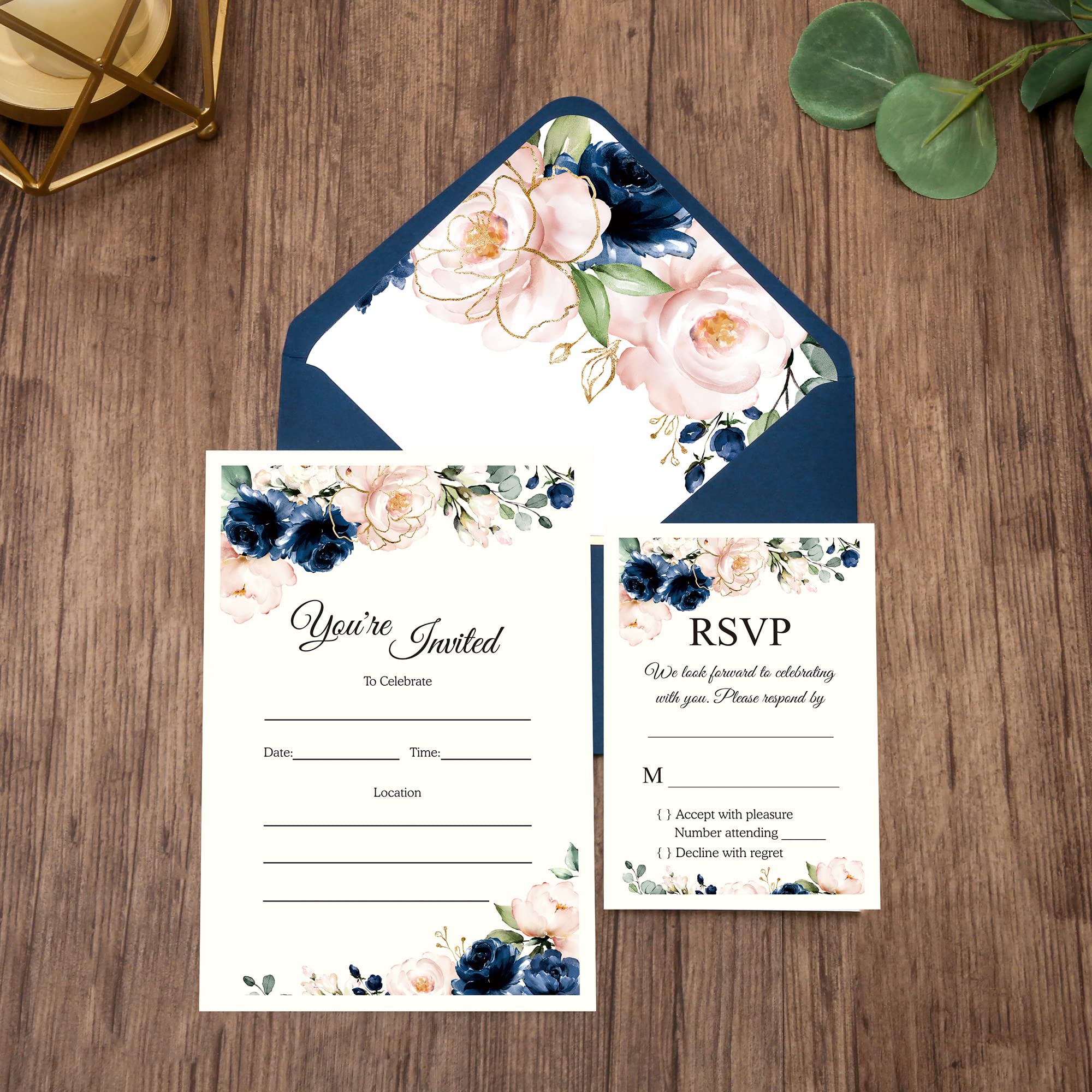 DORIS HOME 25pcs Blue Fill-in Wedding Invitations with Envelopes and RSVP Cards with Pink Rose and Envelope with Gold Border for Engagement/Quinceanera/Bridal Shower/Anniversary