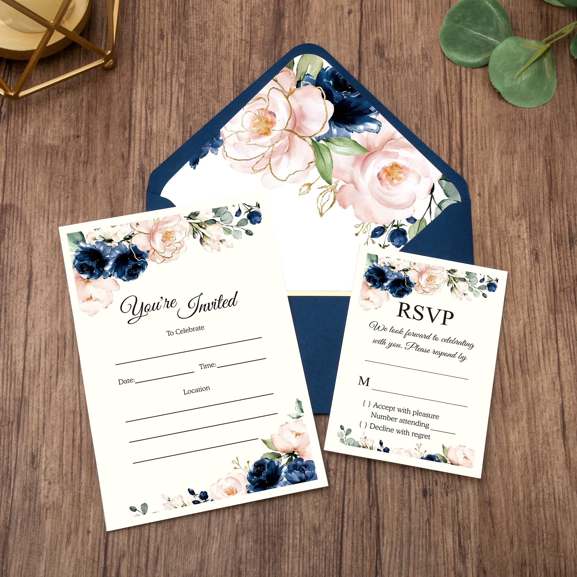 DORIS HOME 25pcs Blue Fill-in Wedding Invitations with Envelopes and RSVP Cards with Pink Rose and Envelope with Gold Border for Engagement/Quinceanera/Bridal Shower/Anniversary