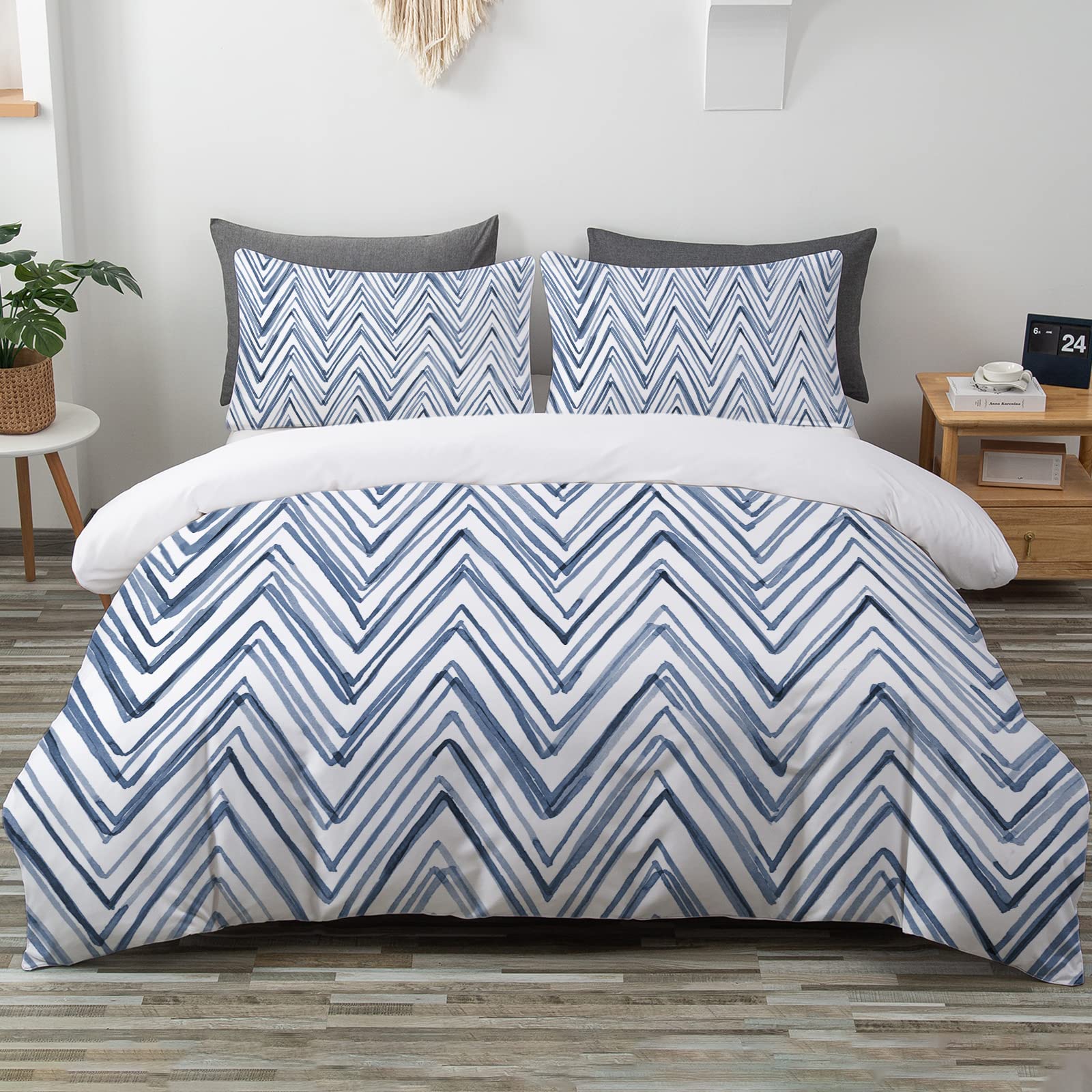 TOPTREE Geometric Blue Duvet Cover Queen - Modern Indigo Blue Chevron Bedding Set 3 Piece Blue and White Bed Set for Women Adults (Queen, Blue Chevron)