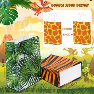 24 Pieces Animal Print Gift Bags Safari Jungle Party Favor Bag with Handle, Paper Zoo Wildlife Goodie Treat Bags Leopard Tiger Zebra Giraffe Pattern for Animal Themed Baby Shower Birthday Supplies