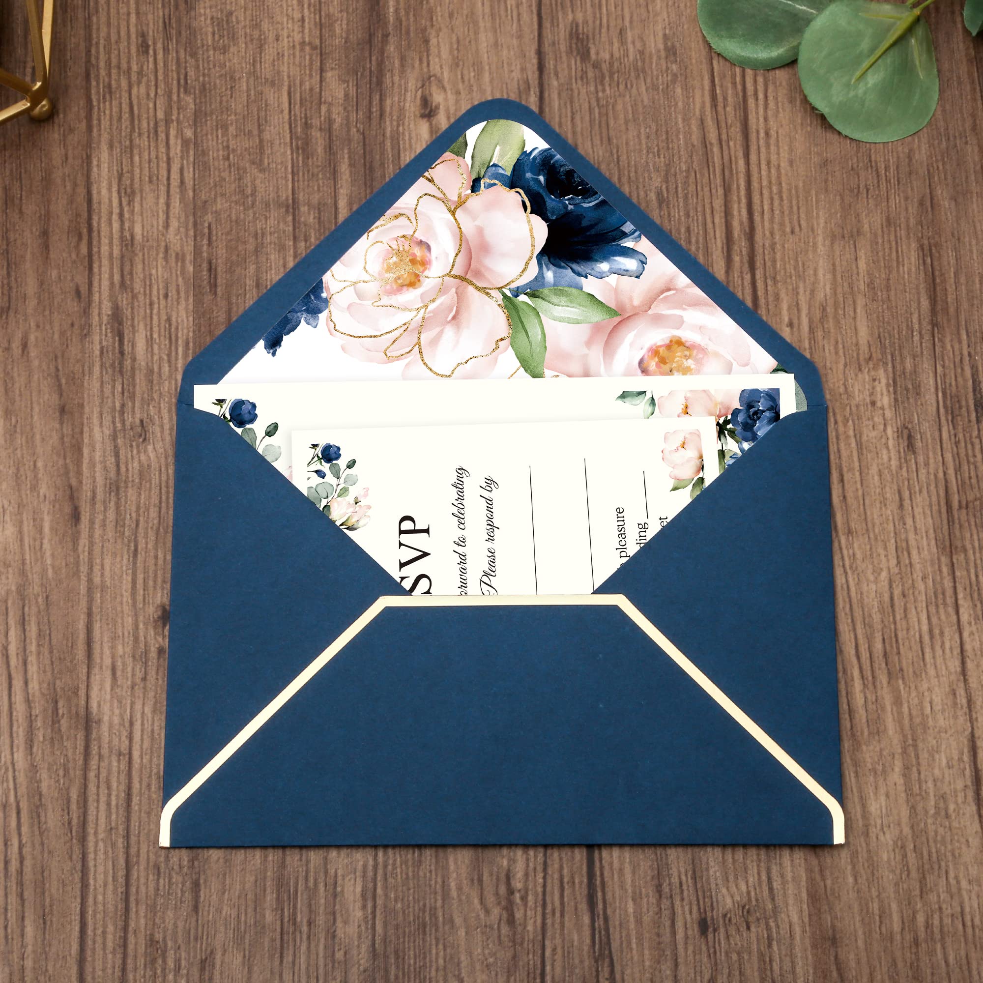 DORIS HOME 25pcs Blue Fill-in Wedding Invitations with Envelopes and RSVP Cards with Pink Rose and Envelope with Gold Border for Engagement/Quinceanera/Bridal Shower/Anniversary