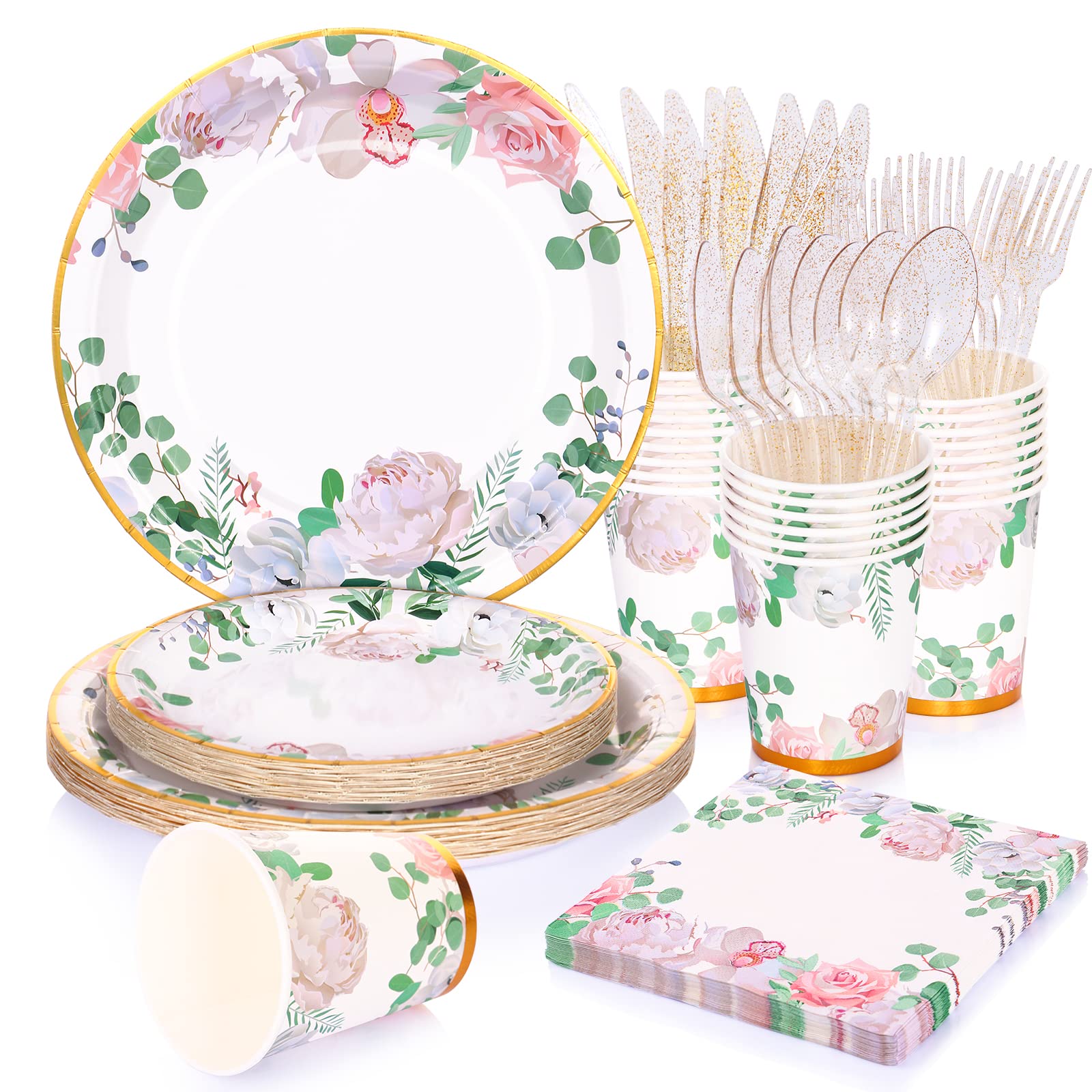 Floral Party Decorations Bridal Shower Plates and Napkins Sets for 24 Guest-Tea Party Themed Decorations,Floral Party Paper Plates,Cups,Nakpins for Baby Shower,Birthday,Wedding Tea Party Supplies