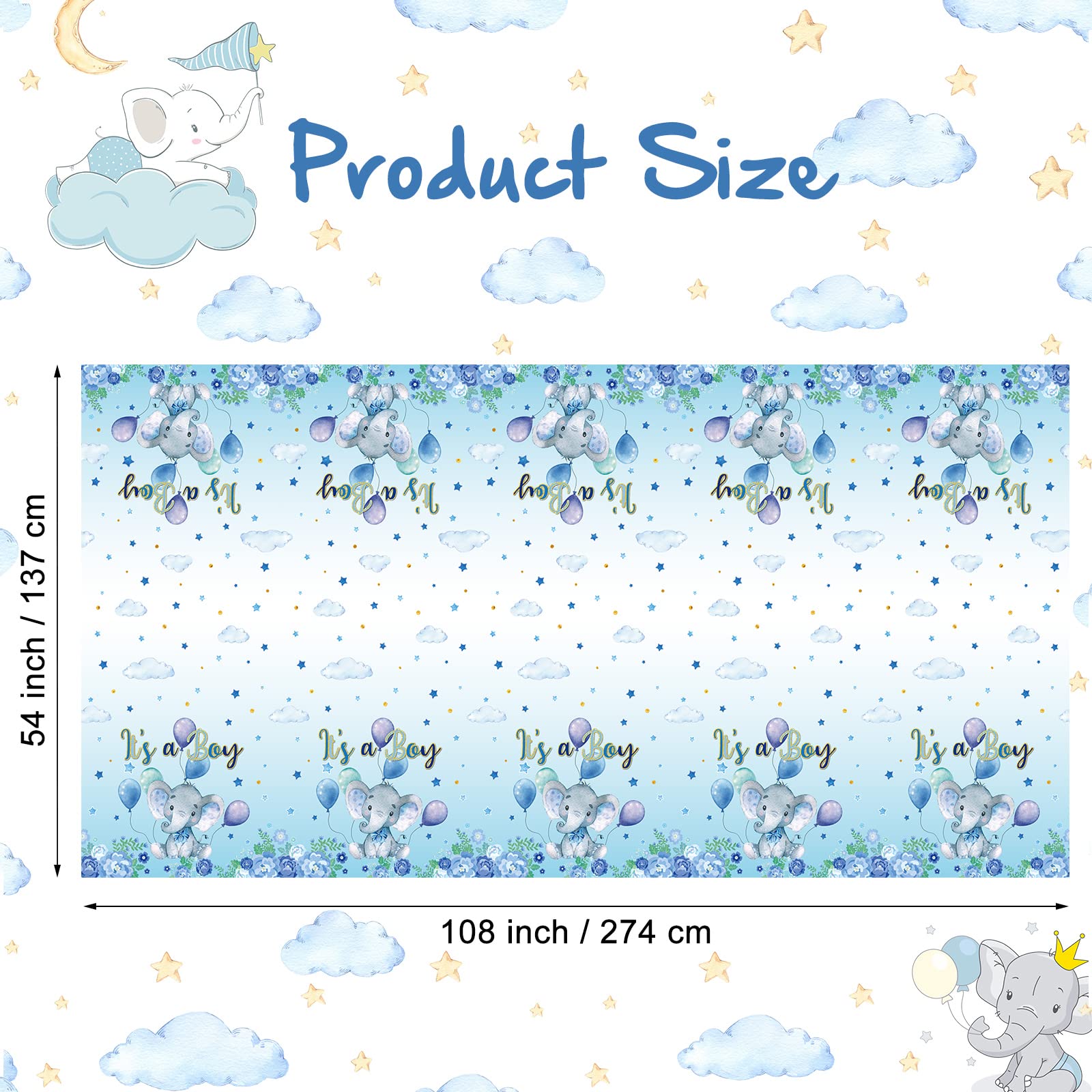 3 Pack Baby Shower Tablecloths Elephant Plastic Baby Shower Table Cover Rectangle Table Decors for Baby Boy Gender Reveal Birthday Baby Shower Party Supplies Elephant Theme Party, 54 x 108 Inch (Boy)