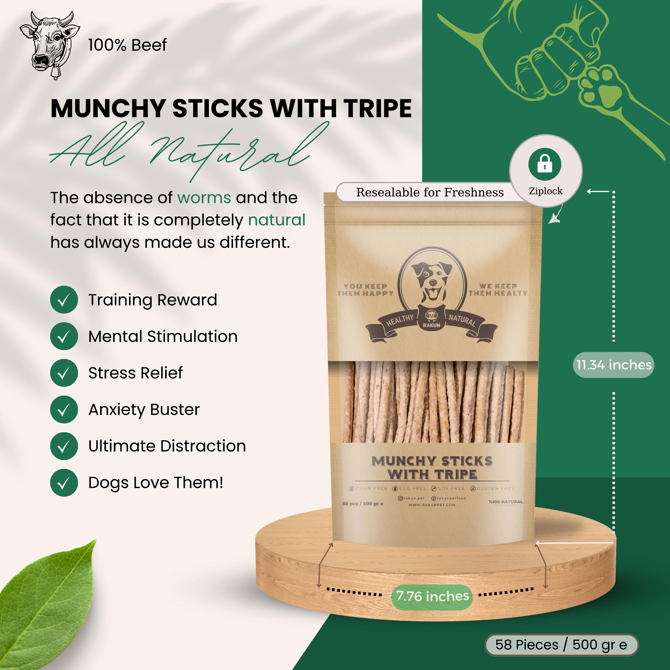 RAKUN Munchy Sticks with Tripe - All-Natural- Bully Sticks for Dogs - 100% Rawhide -Treats Sticks - Nutritious Reward Sticks - High Protein Nutrition Supplement - Pack of 1(58 Count)