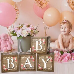 Epakh Baby Boxes with Letters for Baby Shower, Rustic Floral Brown Baby Blocks Bear Box Baby Shower Decorations Birthday Party Gender Reveal Photo Props for Girl Boy