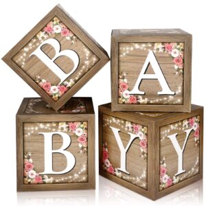 epakh baby boxes with letters for baby shower, rustic floral brown baby blocks bear box baby shower decorations birthday party gender reveal photo props for girl boy