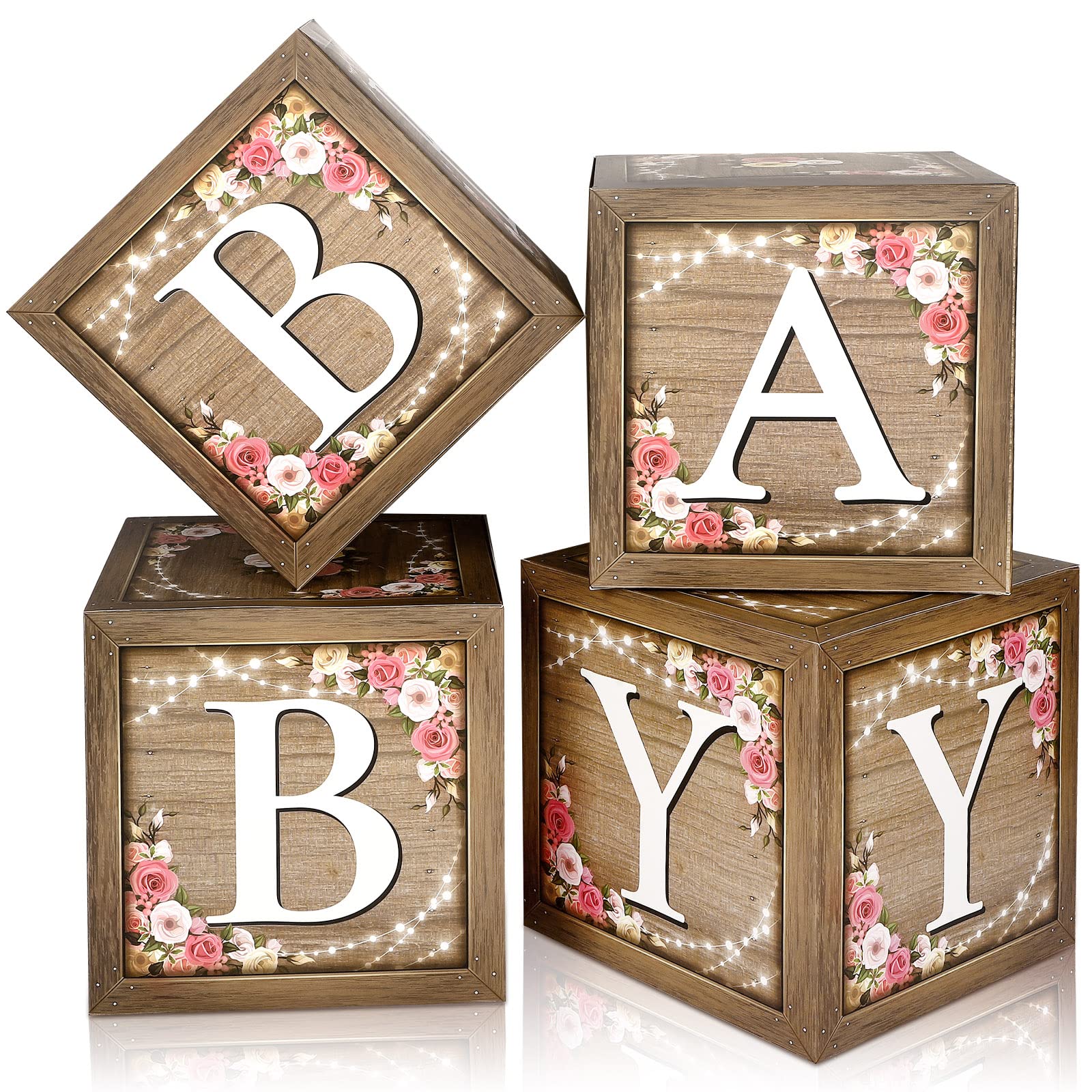 Epakh Baby Boxes with Letters for Baby Shower, Rustic Floral Brown Baby Blocks Bear Box Baby Shower Decorations Birthday Party Gender Reveal Photo Props for Girl Boy