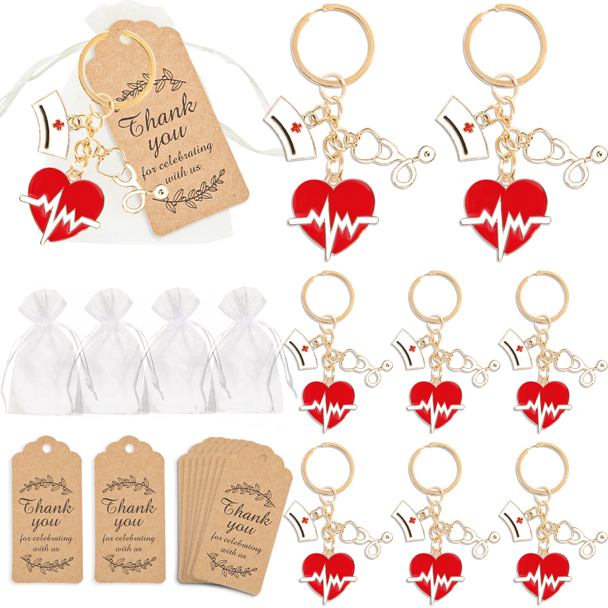 12 Sets Nurse Party Favors Nurse Graduation Decorations Doctor keychains with Red Heart Stethoscopes Organza Bags Thank You Cards for Graduation Party Supplies Hospital Medical Themed Party Decor