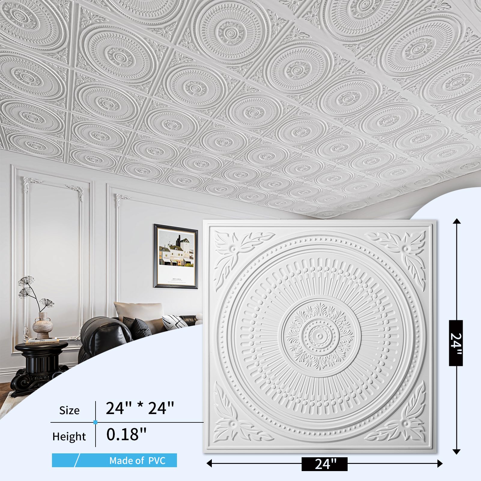 Art3d 12-Pack Drop Ceiling Tiles 2x2 FT, Decorative Easy Install PVC Ceiling Panels for Interior Kitchen Bathroom Basement, 24x24 Inch, White