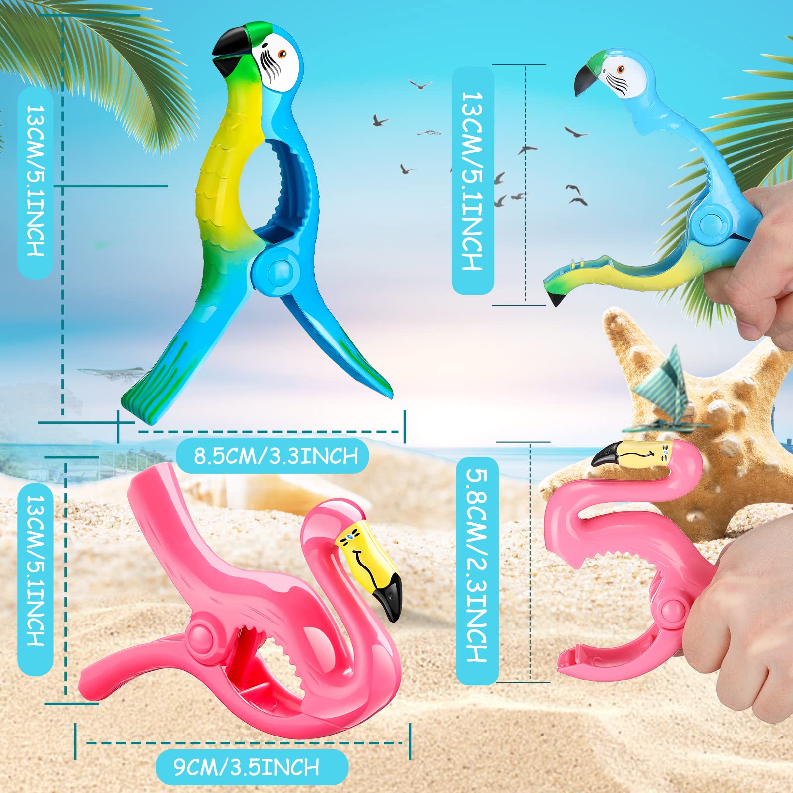 8 Pcs Beach Towel Clips for Towels Beach Chairs Flamingo Parrot Towel Clips Heavy Duty Towel Holders Portable Towel Clips Jumbo Size Towel Pin for Pool Beach Cruise Ship(Pink, Blue,Flamingo, Parrot)