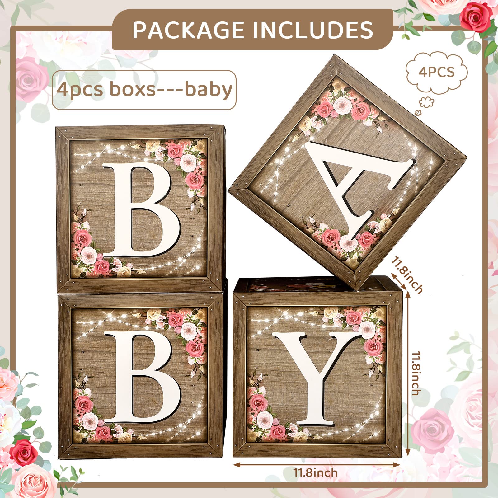 Epakh Baby Boxes with Letters for Baby Shower, Rustic Floral Brown Baby Blocks Bear Box Baby Shower Decorations Birthday Party Gender Reveal Photo Props for Girl Boy