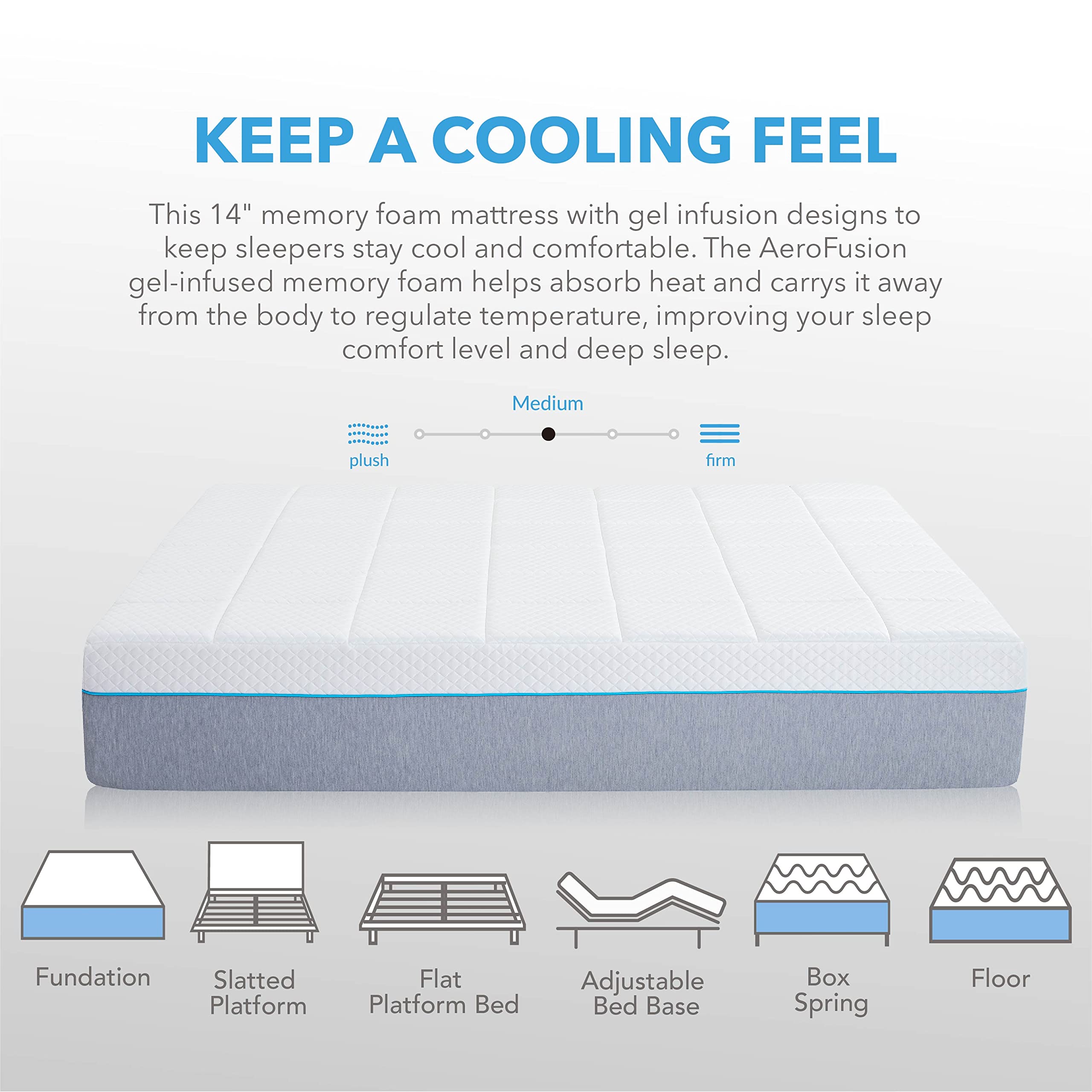 14 Inch Queen Cooling Mattress, Cooling Gel Memory Foam Mattress in a Box, CertiPUR-US Certified Made in USA, Medium Double Firm Mattress for Pressure Relief, White