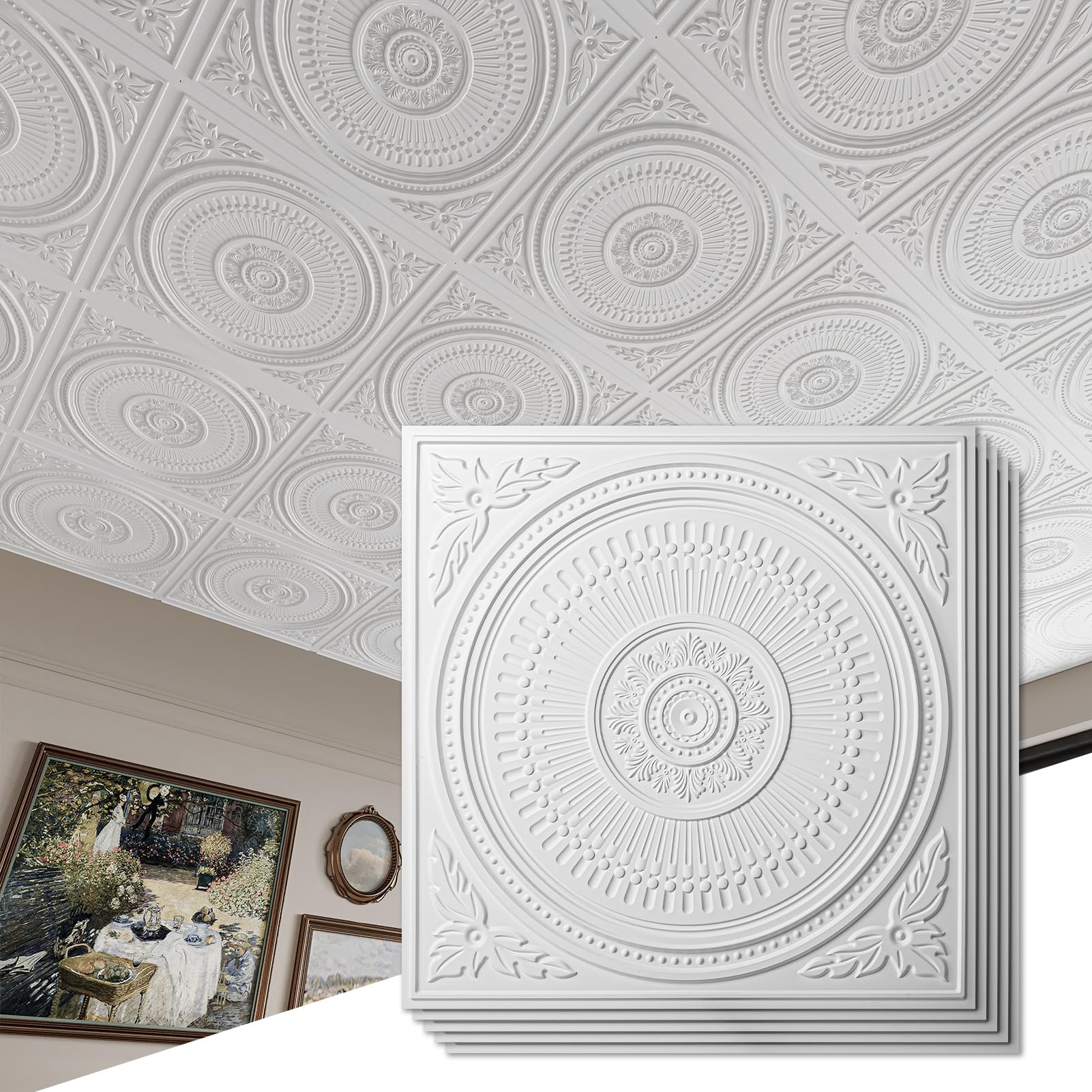 Art3d 12-Pack Drop Ceiling Tiles 2x2 FT, Decorative Easy Install PVC Ceiling Panels for Interior Kitchen Bathroom Basement, 24x24 Inch, White