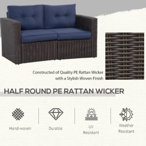 Outsunny 2 Piece Patio Wicker Corner Sofa Set, Outdoor PE Rattan Furniture, with Curved Armrests and Padded Cushions for Balcony, Garden, or Lawn, Lawn, Dark Blue