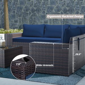 Kulunolo Outdoor Patio Furniture Sets 6 Pieces Sectional Furniture PE Rattan Wicker Couch High Backrest Large Armrest Patio Conversation Set with Coffee Table and Cushion(Navy Blue)