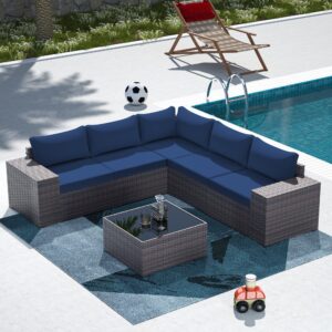 kulunolo outdoor patio furniture sets 6 pieces sectional furniture pe rattan wicker couch high backrest large armrest patio conversation set with coffee table and cushion(navy blue)