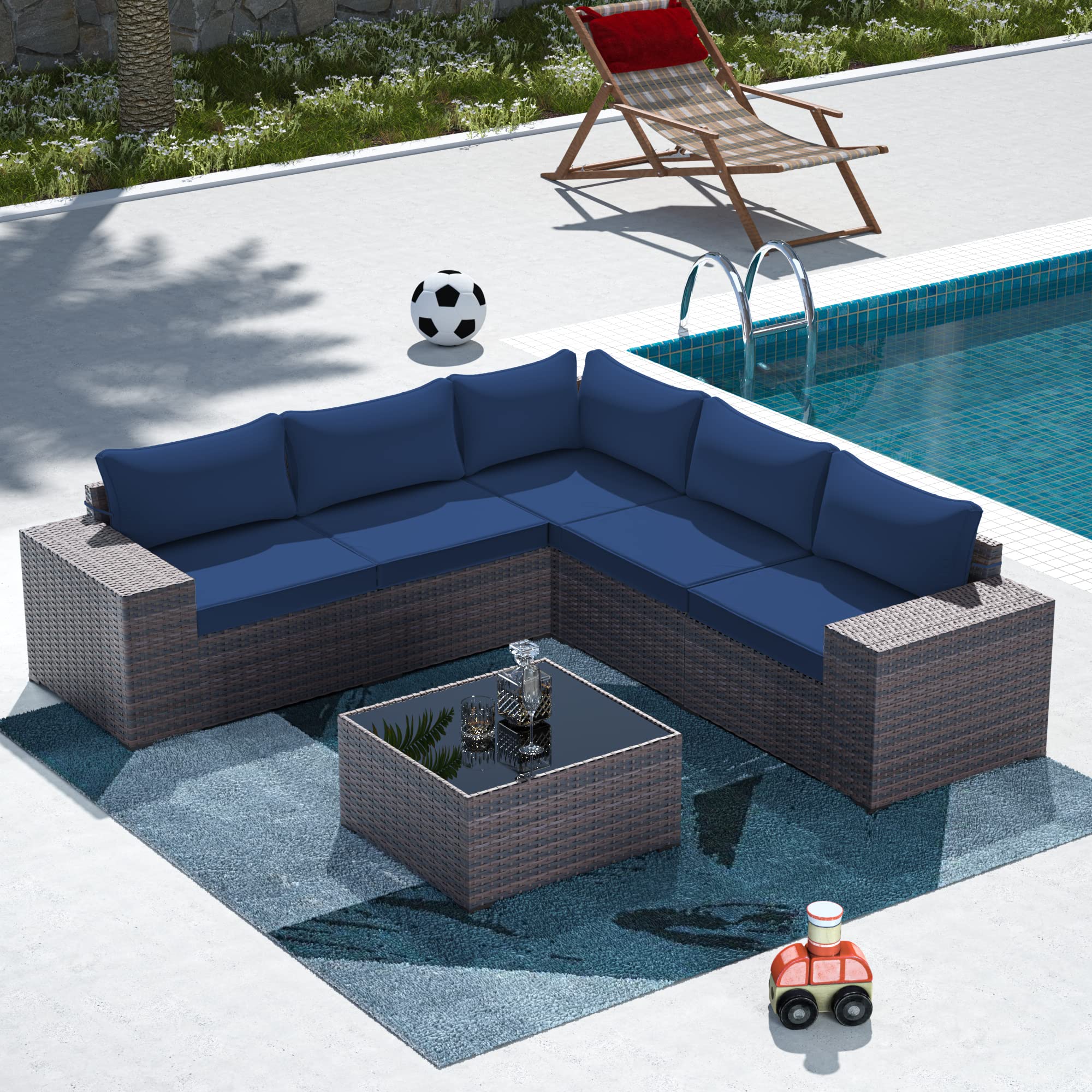 Kulunolo Outdoor Patio Furniture Sets 6 Pieces Sectional Furniture PE Rattan Wicker Couch High Backrest Large Armrest Patio Conversation Set with Coffee Table and Cushion(Navy Blue)