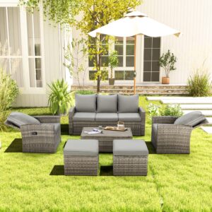 GYUTEI 6 Piece Outdoor Patio Funiture Set,Outdoor Sectional Recliner Sofa Modern High Back Wicker Seating with 2 Ottomans,All Weather Cushions and Storage Table (Grey)