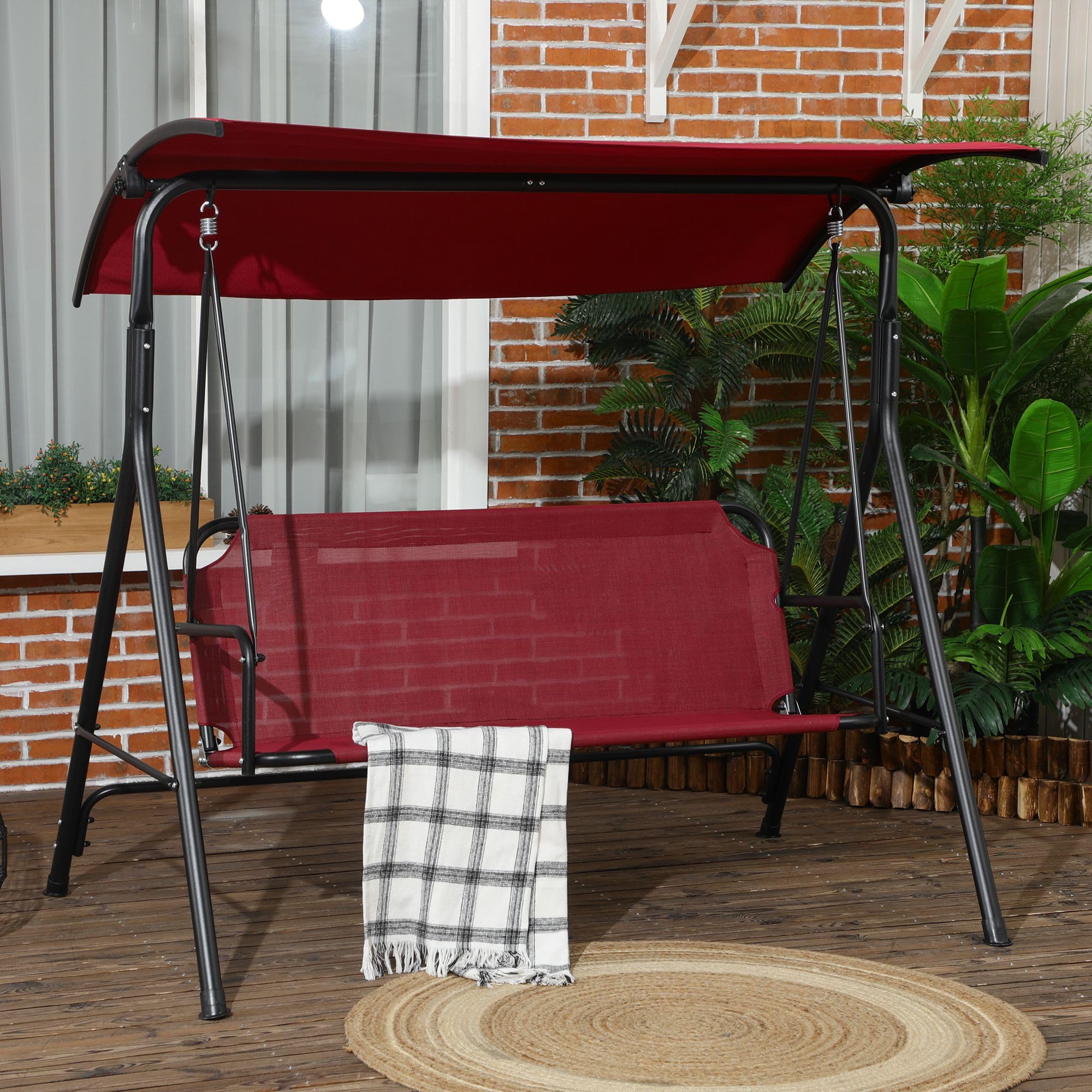 Outsunny 3-Person Porch Swing with Stand, Outdoor Swing for Patio Porch with Adjustable Tilt Canopy and Comfortable Swing Bench-Style Seat, Steel Frame, Wine Red