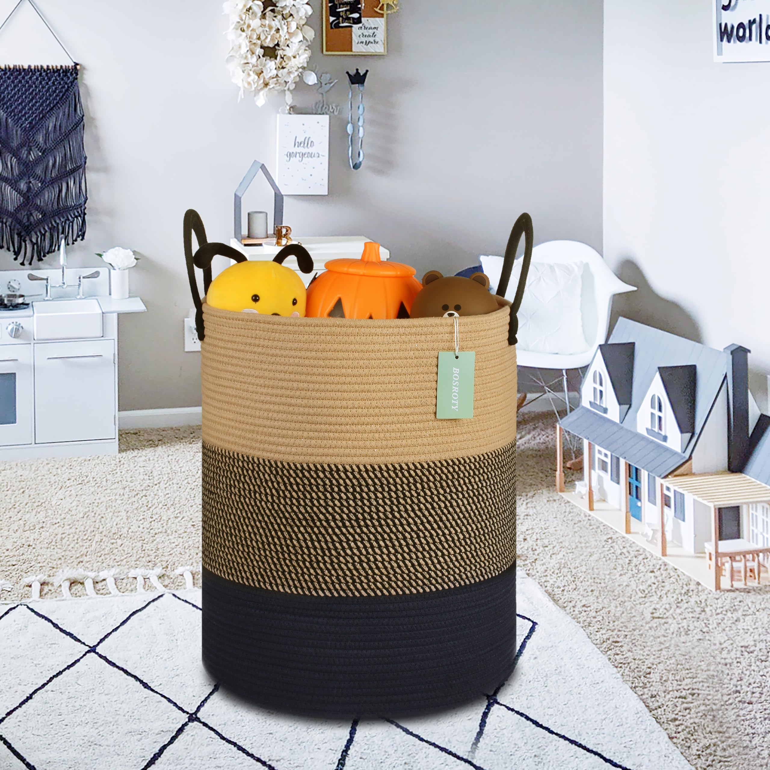 BOSROTY Nursery Hamper, Large Blanket Basket, Tall Laundry Basket 65L, Laundry Hamper, Clothes Basket Laundry, Large Storage Basket, Cotton Rope Basket, Toy Basket, 16”x 20”, Brown & Black