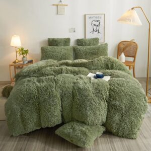 xege plush shaggy duvet cover set, luxury soft crystal velvet fluffy furry bedding sets 3 pieces(1 faux fur fuzzy comforter cover + 2 faux fur throw pillow shams), zipper closure (queen, sage green)